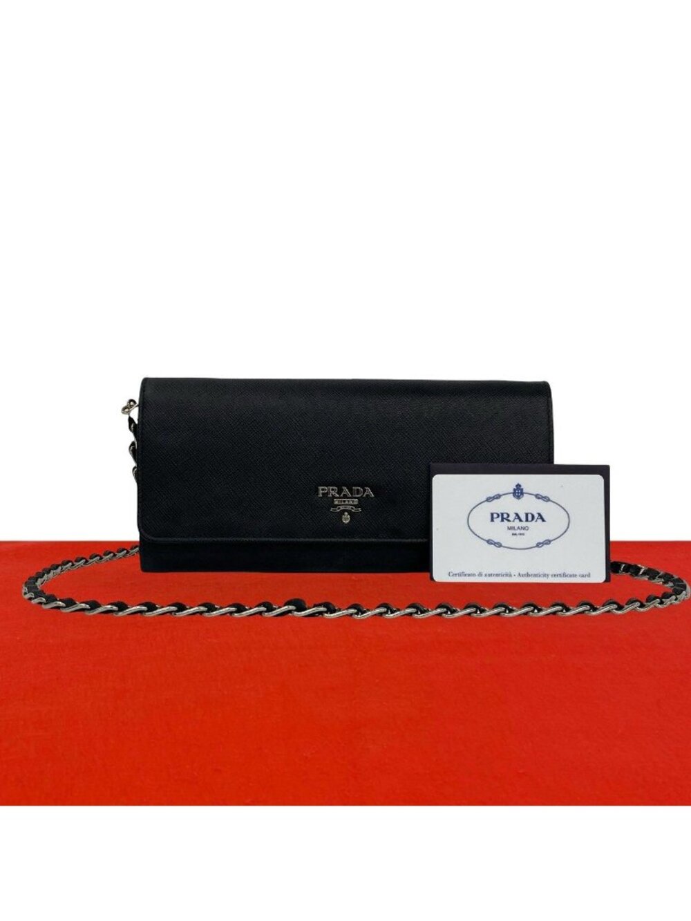 Prada Logo Saffiano Leather Chain Wallet Mini Shoulder Bag Black